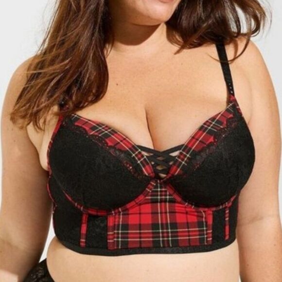 Torrid XO Plunge Push-Up Bra red black plaid underwire sexy size 46DD - Picture 1 of 6